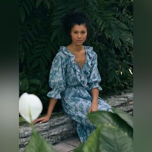 Mille Resort & Travel June Ruffle Midi Dress in Blue Pansy